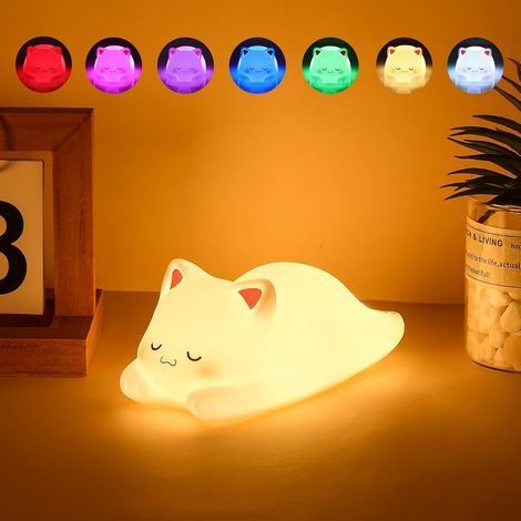Veilleuse Enfant,7 couleurs Veilleuse Chat,Veilleuse Bébé Lampe de Chevet Minuterie1/3 Heure&Gradation de luminosité,Kawaii Veilleuse Déco Chambre,Cadeaux et surprises pour garçons et filles (1/5)