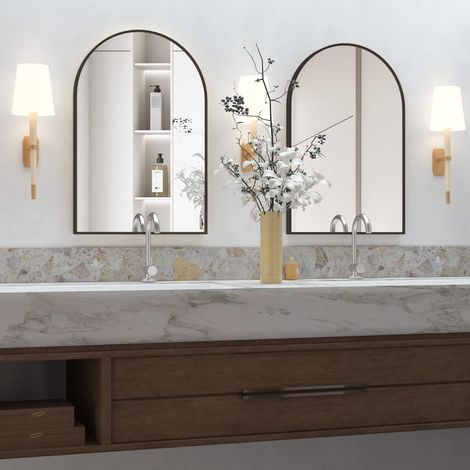 2 Pièces Miroir Arqué, Cadre Métal Noir, Verre Flotté 6 Couches, Pour Salle De Bain, Chambre