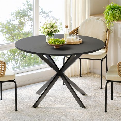 Tavolo da pranzo rotondo - Ø 120x76 cm - Tavolo da cucina con gambe a X - per home office, balcone o soggiorno - Nero (1/5)