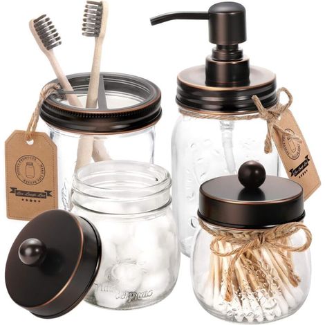 Bathroom Accessory Set 4 - Oil Rubbed Bronze - Mason Jar Soap Dispenser and 2 Apothecary Jars and Toothbrush Holder - Rustic Farmhouse Bathroom Decor Clearance, Countertop Organizer (1/5)
