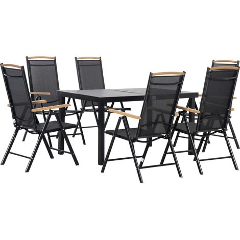 Salon de jardin aluminium 6 personnes table 140 cm chaises pliables inclinables noir