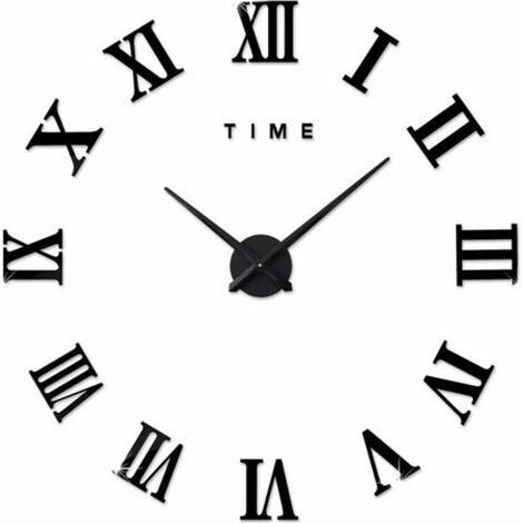 Moderne DIY Grand Pendule Murale Chiffres Romains Big Montre Stickers 3D Horloge Montre Murale Home Office Décoration Amovible (Batterie Non Inclus) Noir (1/4)