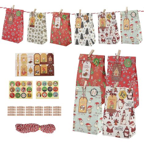 Sachet cadeau de Noël élégant, lot de pochettes en papier kraft à thème festif, avec autocollants et ficelle, idéal pour bonbons et petits présents (1/5)