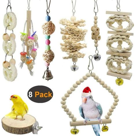 LAN 8 paquets de jouets pour oiseaux, balançoire pour oiseaux et perroquets, jouets de cage pour oiseaux - bois naturel à suspendre, pour petites perruches, cockatiels, perruches (1/5)