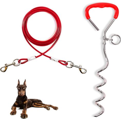 Ancrage en spirale rouge de 40 cm avec câble en acier de 5 mm x 3 m - Ancrage au sol à visser - Force de traction de 80 kg - Pour chiots, animaux domestiques et chiens de taille moyenne, camping (1/5)