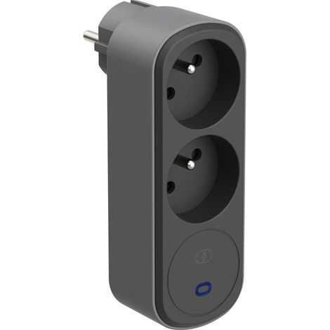Adaptateur Fiche Multiprise Biplite Prima 2 Prises françaises 16A, avec protection parafoudre, Adaptateur Murale, Noir/Gris (1/5)