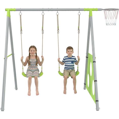Ensemble de jeux 3 en 1 pour enfants avec balançoire de jardin, panier de basket et but de football, 238 x 180 x 182 cm, vert et gris (1/5)