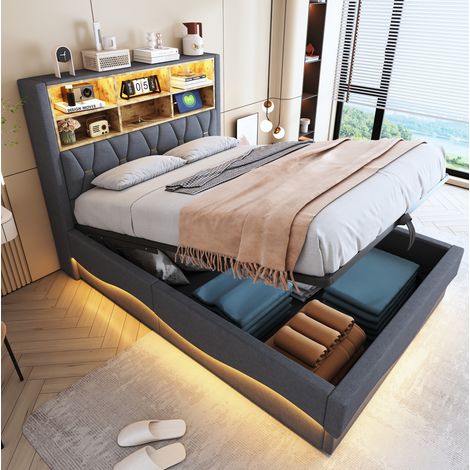 Letto contenitore 140 x 200 cm con LED, USB e sollevamento idraulico grigio HAVRYA (1/5)