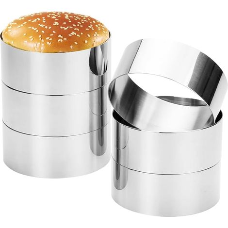 Lot de 6 anneaux à hamburger en acier inoxydable de 10,2 cm de diamètre et 4 cm de hauteur, sans couture, anneaux de cuisson pour gâteaux, mousses, desserts et pâtisseries (1/5)