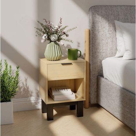 Comodino 35x26x50 cm rovere in legno con cassetto e vano aperto (1/5)