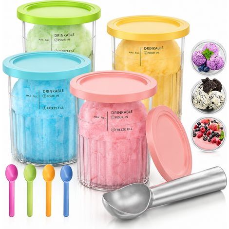 Set of 4 ice cream tubs, 680 ml, compatible with Ninja NC500/NC501, BPA-free, dishwasher safe, with spoons (1/5)