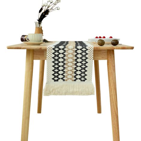1 chemin de table bohème en coton et lin, 30 x 180 cm, motif quadrillage multiple, pompons aux extrémités, pour dîner fête ou décoration intérieure (1/5)