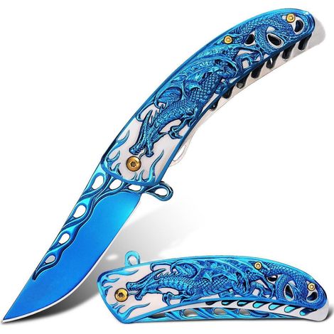 Klappmesser mit 3D Drachenprägung, Titanbeschichtet, Blau