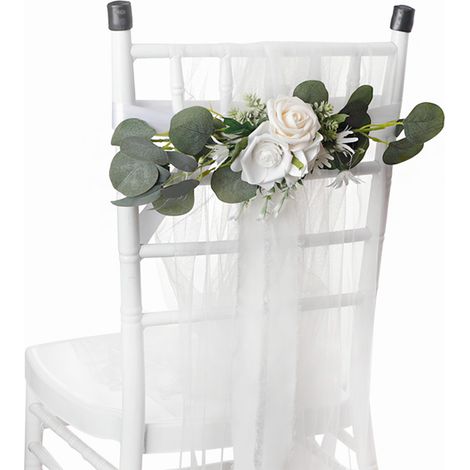Décoration florale blanche réutilisable pour dossier de chaise, rose artificielle, idéale pour les mariages, fêtes et séances photo en extérieur. (1/2)