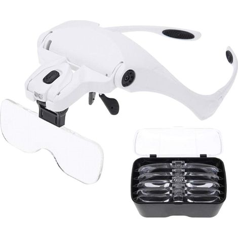 Loupe Frontale à Bandeau, 5 Lentilles Amovibles 1.0X‑3.5X, Lampe LED, Port Lunettes ou Bandeau, pour Lecture Bricolage Bijouterie (1/4)
