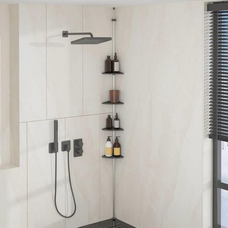 Étagère de douche d'angle télescopique 4 niveaux – Réglable 235-280 cm, Aluminium argenté et gris, Plateaux avec évacuation d'eau, 19 x 19 cm