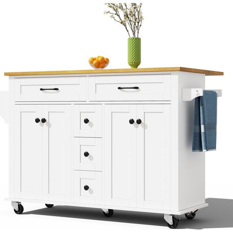 Chariot de cuisine multifonction avec plan de travail rabattable 120 × 65 cm extensible, 5 tiroirs, placards, étagère à épices et porte-serviettes, sur roulettes, pour cuisine, salle à manger et salon