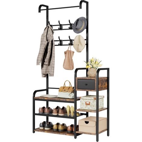 Porte-Manteau avec Étagère à Chaussures-8 Crochets Porte-Manteau AVEC 3 ETAGERE TIROIR,PorteManteaux pour entrée-Marron/Noir-88X 30X175CM