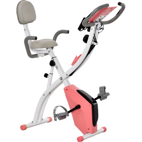 Klappbares Heimtrainer-Fahrrad für Erwachsene, 8 Widerstandsstufen, Handpulssensoren, Multifunktions-LCD-Display, verstellbarer Sattel, Stahl, rosa, weiß