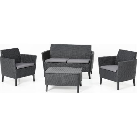 Salon Salemo graphite en re'sine effet polirattan compose' d'un canape' de deux fauteuils avec coussins et d'une table de jardin exte'rieur