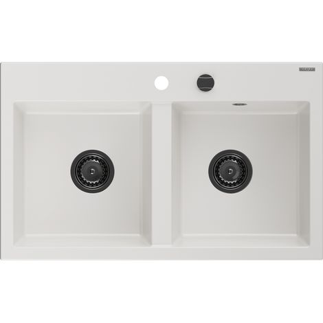 Mexen Hektor lavello in granito a 2 vasche 800 x 480 mm, bianco, sifone nero - 6521802000-20-B (1/5)