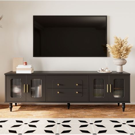 Mueble TV retro 175 x 38 x 55,5 cm con vidrio estriado, tiradores dorados, negro HAVRYA (1/5)