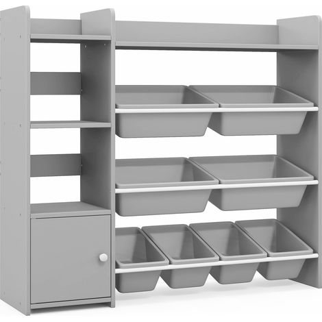 COSTWAY Kids Bookshelf Toy Storage Organizer w/ 8 Storage Boxes-Grey (1/5)