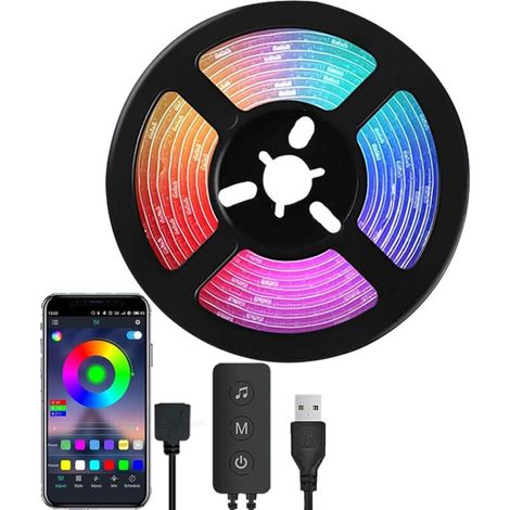 Bande LED RVB 5050, 2 mètres, synchronisation de musique, application Bluetooth, 16 millions de couleurs, luminosité réglable, contrôle à 3 boutons, IP65, pour éclairage d'ambiance TV/PC
