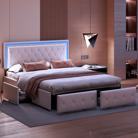 Lit adulte/ado 140x200 cm avec tête de lit LED, 4 tiroirs, similicuir beige, style minimaliste