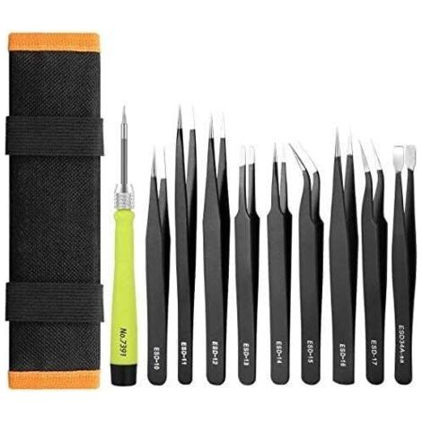 10 pcs ESD pince à épiler kit, Precision Multi-normes non-magnétique anti-statique Ensemble de pinces en acier inoxydable Pince - (1/5)