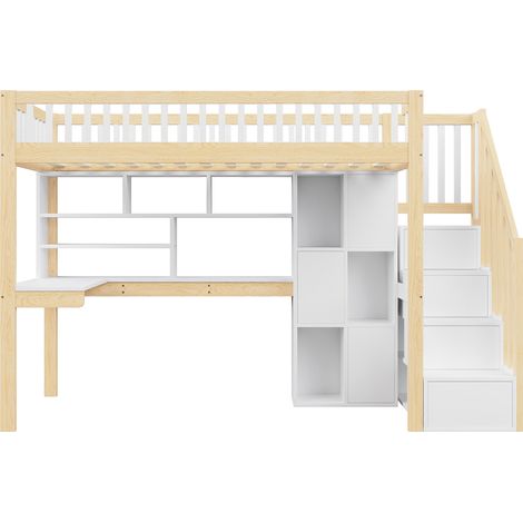 Hochbett 90x200 cm mit Schreibtisch, Stauraumtreppe und Regalen, weiß und Holz (1/5)
