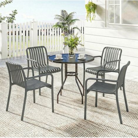 Lot de 4 chaises de jardin 55/58,5/81,5 cm gris foncé en plastique avec accoudoirs empilables (1/3)