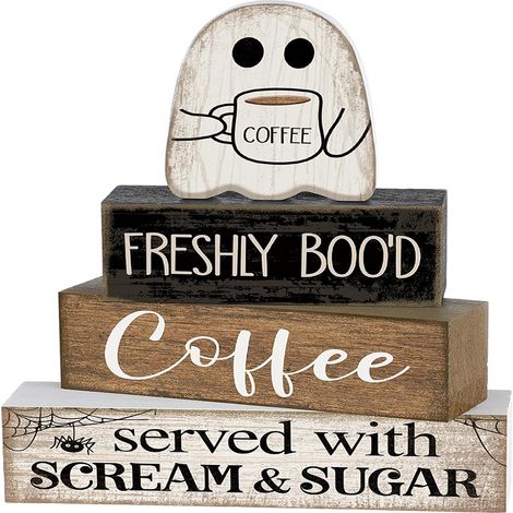 4-teiliges Halloween-Tischdeko-Set aus Holz mit Geistermotiven, Tablett-Regal-Deko, Tischdekoration im Landhausstil, Accessoires für Kaffeebar, Büro oder Küche