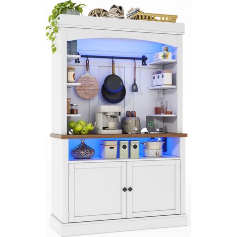 Buffet haut avec LED RGB, prise intégrée, 2 portes, étagères ouvertes et crochets, meuble de rangement en MDF blanc pour cuisine, salle à manger et bureau  CHICFURN (1/5)