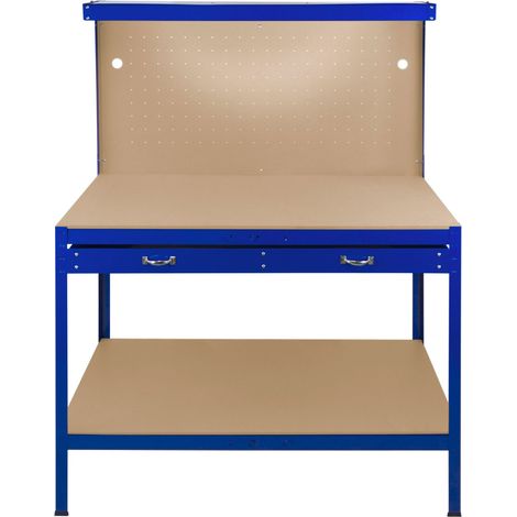 Etabli Bleu Métallique de Travail avec Tiroirs & Panneaux Perforés [40 Crochets&Maillet OFFERTS] Capacité 370 KG LED Intégré Bricolage, Atelier, Garage-Rangement-Plan de Travail 120 x 60cm