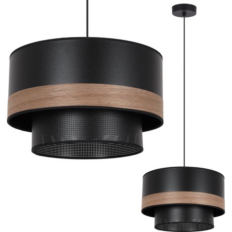 LÁMPARA COLGANTE WOOD DUO NEGRA 1 PANTALLA DE MALLA PLANA CHAPA DE NOGAL
