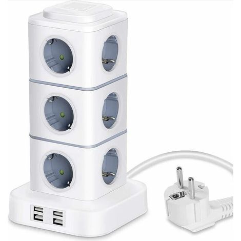 Multiprise verticale 12 prises avec 4 ports USB – Rallonge 3M – Protection contre surtensions – Charge rapide pour appareils mobiles (1/5)