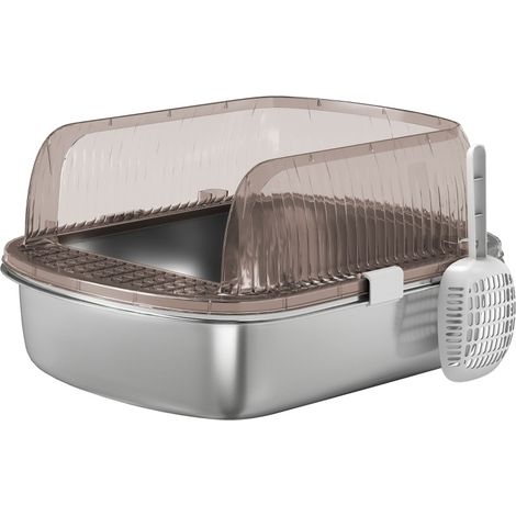 Litière pour chat en acier inoxydable avec rebords hauts, entrée basse, zone anti-projections et pelle incluse, pour grands chats jusqu’à 15 kg, gris charbon – CHICFURN (1/5)