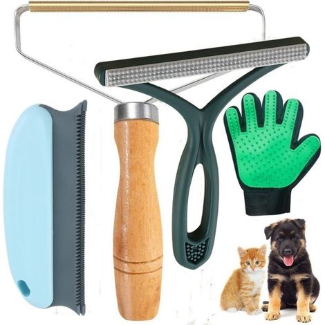 Kit de toilettage 4 pièces pour chats et chiens – Grattoir à tapis – Brosse anti-peluches – Éliminateur de poils pour voiture, meubles et canapés – Vert (1/5)