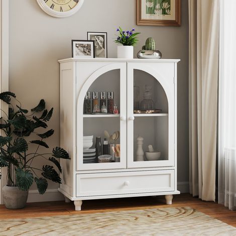 MODFU – Credenza 71x38x98,5 cm in MDF e vetro temperato con 2 ante in vetro curvo, ripiano regolabile, cassetto, finitura UV, piedini in legno massello e carico 45 kg – Bianco (1/5)