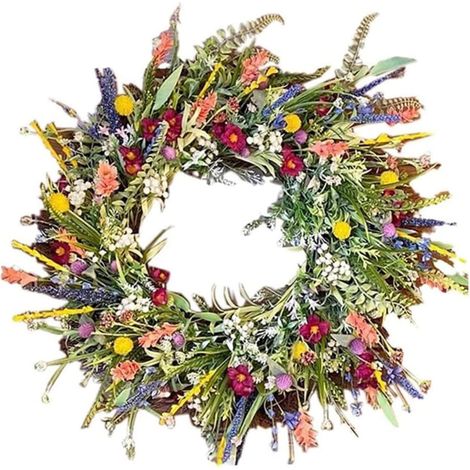 Couronnes de Printemps pour Porte d'entrée, 35 cm / 13,8 Pouces Couronne d'été de Fleurs Sauvages artificielles, Porte décorative Couronne de Printemp (1/4)