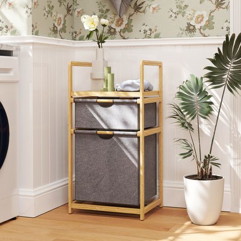 Panier à linge en bambou – Corbeille avec 2 sacs en tissu coulissants et étagère à lattes. naturel – Rangement aéré et design (1/5)