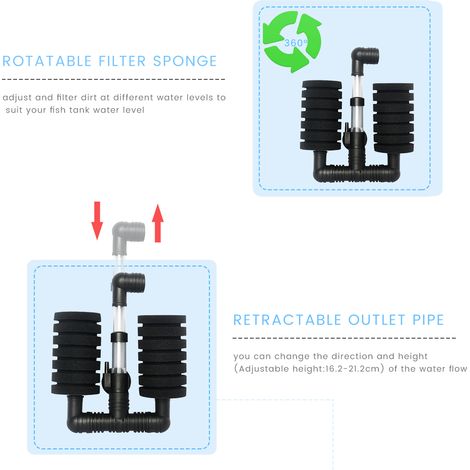 Filtre d'aquarium éponge à air Double aération de Filtration biochimique Ultra silencieuse cultiver des nitrobactéries réglable 16.2 cm-21.2 cm (1/5)