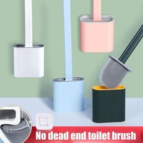 Brosse WC flexible en silicone avec support, tête plate et long manche antidérapant pour salle de bain - Blanche-AquaForge (1/4)