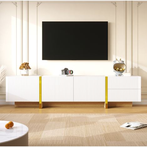 Meuble TV rangement 190 cm 3 portes MDF blanc doré bois HAVRYA (1/5)