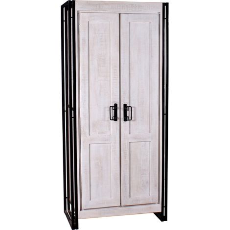 Armoire Penderie en Bois de Manguier Blanc Cérusé et Métal Noir Style Scandinave - PANGIVO (1/5)