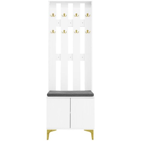 Meuble d’entrée blanc avec miroir étagères réglables et coussin 60×180 cm