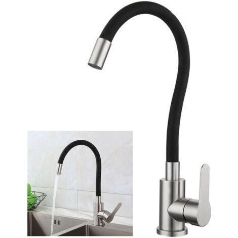 Robinet de Cuisine Flexible Bec Haut Orientable Librement Mitigeur Évier Flexible Acier inoxydable brossé et Noir Robinet Evier Monotrou à Eau Chaude et Froide (1/5)