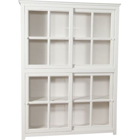 Biblioteca vitrina con puertas correderas en madera maciza de tilo , acabado con efecto  blanco envejecido 154x37x212 cm (1/5)