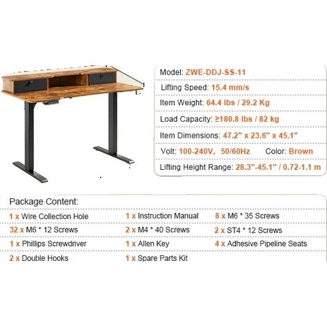 Bureau debout réglable en hauteur, Système de protection double, Capacité de 180 lbs, 47.2x23.6 in étagères (1/2)